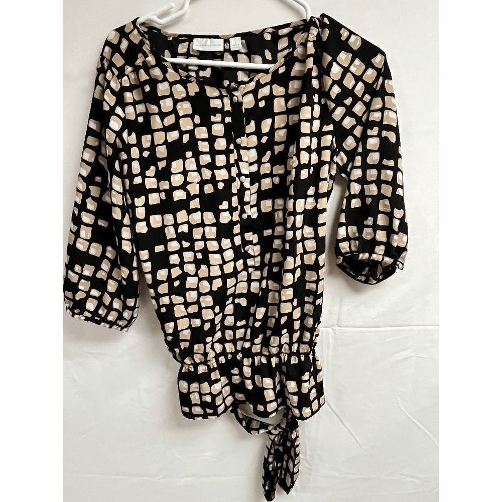New York & Company Womens Elbow Sleeve Popover Blouse Snap Button Black Small